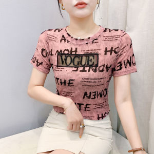 YIMEI เสื้อยืดผ้าตาข่ายระบายอากาศได้ดีคอกลมไซส์ใหญ่พิเศษเสื้อยืดได้2025หน้าร้อนใหม่แฟชั่นของผู้หญิงเสื้อพิมพ์ลายตัวอักษรติดเพชร