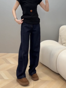 MANMI | Quần Jeans American Straight Màu Xanh Đen Cao Waist Slimming All-match Chân Rộng