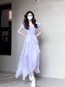 French Style Initial Fairy Dress with Lace Trim Ultra Fairy Waist Cinched Long Summer New Design Korean Style Bubble Sleeve Dress