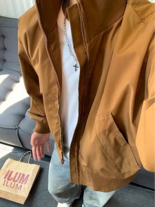 OUMULONG | Brown Mens Fashionable Stand Collar Flight Jacket