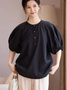 WANGGONGZHU | Elegant Summer Womens T-Shirt Lycra Short Sleeve Loose Fit Thin Bubble Sleeve Top Casual Round Neck Shirt Princess Style