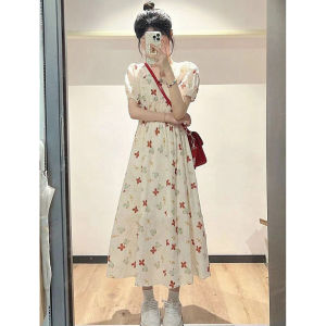 High-end Fashionable Sophisticated Niche Square Collar Waist-tightening Floral Dress