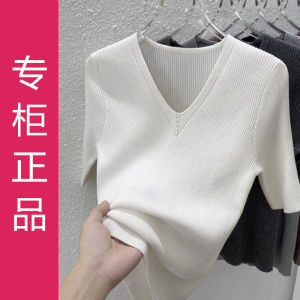 plus Size Womens Fashionable V-Neck Short Sleeve T-Shirt Summer New Loose Slimming Solid Color Ice Silk Knitted Top Thin