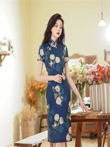 Elegant Short Cheongsam Dress Single Layer Floral Print Thin Summer Style Young Slimming Midi Length Short Sleeve Dress