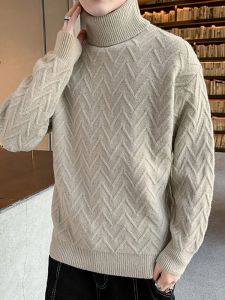 ROMON | Áo len dệt kim dày cổ cao thường ngày thời trang mùa đông cho nam áo len dệt kim cổ tròn dài tay rộng rãi thoải mái