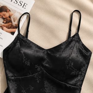 Black Satin Embossed Padded Camisole Sphaghetti Strap Bralette Top N03