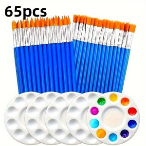 A Set of 60 Paintbrushes and Palettes: 30 Flat and 30 Pointed Nylon Hair Artist Brushes with 5 Round Palettes for Acrylic Water