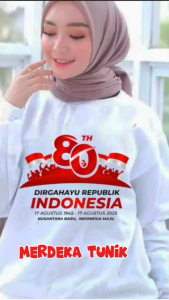 Baju 17an Dewasa Jumbo Lengan Panjang Merdeka Tunic Kaos Katun Combed 24s Aplikasi Sablon S M L XL XXL 3XL Tunik Agustusan Wanita Warna Merah Putih  Seragaman Hut RI