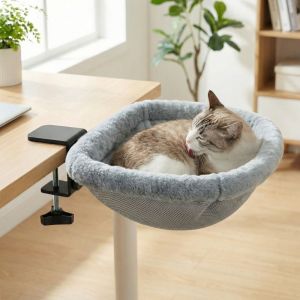 OUTOPEN Space Saving Cat Table Bed Detachable Semi-Circular Cat Desk Hammock Stable Non-Slip Clamp Folding Cat Bed Home