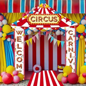 Red White Striped Welcome Carnival Circus Door Banner Double Sided Porch Sign for Carnival Party Kids Birthday Theme Event