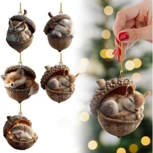 6Pcs Acrylic Xmas Tree Ornament 2D Cartoon Animal Pendant Rustic Seasonal Decor Cute Acorn Design for Tree Window Home Decoration