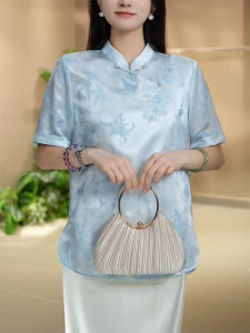 QINGNAER | Chinese Style Pale Blue Embroidery Elegant Mandarin Collar Shirt Large Size