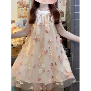 ชุดเดรสคอวีแขนกุดทรงเอสไตล์ฝรั่งเศสพร้อมเสื้อกั๊กปักลายดอกไม้สุดหรูสำหรับฤดูร้อนปี 2025 กระโปรงสั้นทรงเอสำหรับสาวน้อย