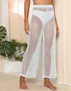 เซ็กซี่ ลูกไม้ Hollow Out Wide Leg กางเกง Nine Crop ชุดบิกินี Cover Up Beach Vacation กางเกง See Through ระบายอากาศได้ดี ว่ายน้ําแห้งเร็ว