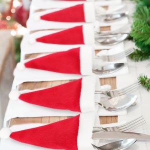 5/10/20Pcs หมวกคริสต์มาสสําหรับส้อมมีดตกแต่งตุ๊กตา MINI Santa หมวกครอบครัว PARTY Decor ใหม่ปีของขวัญ xmas หมวก