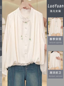 Elegant Chinese Style Long Sleeve Shirt Womens Design Casual Unique Beautiful Top Button up Polyester Spring Fashion