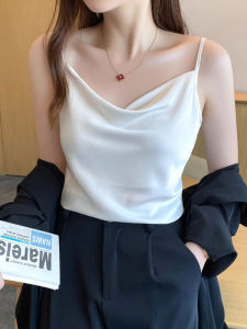 Elegant White Silk Satin Drapey One-Shoulder Vest Womens Base Shirt Outwear Suit Backless Versatile Slim Fit Pure Color