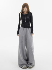 Gray Wide Leg Sports Pants Womens High Waist Drawstring Elastic Loose Casual American Sweatpants Spring Autumn Commute Style