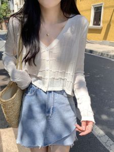 Womens Knitted Short Open Cardigan White Outerwear Top V-neck Button-up Sleeveless Fashionable Early Autumn New Arrival