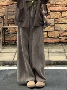 Retro Thickened High Waist Wide Leg Pants Womens Autumn Winter Loose Straight Casual Floor-Length Trousers Threaded Design