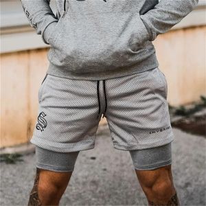 Mens Double-layer Breathable 2-in-1 Sports Shorts Gym Fitness Shorts Jogging Shorts Mesh Quick-drying Mens Beach Sports Shorts