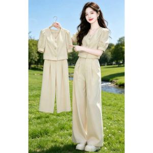 Shalldoer | Sweet Youthful Elegant Womens Two-Piece Set V-Neck Puff Sleeve T-Shirt and Wide Leg Pants