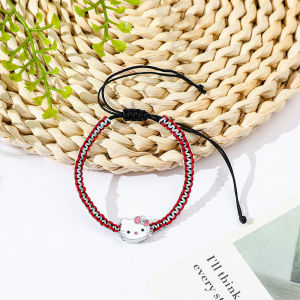 Sanrio | Hello Kitty Braided Bracelet - Red & White Woven Rope Adjustable Kawaii Cat Charm Anime Jewelry Gift