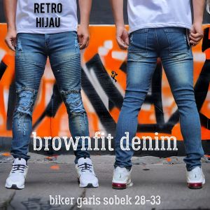Celana Jeans Sobek Pria Panjang Bikers Garis Stretch Melar Denim Tebal Slimfit Skinny Size 28-33