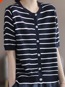 เสื้อยืดแขนสั้นผ้าไหมน้ำแข็งลายทางฤดูใบไม้ผลิและฤดูร้อนสำหรับผู้หญิงไซส์ใหญ่หลวมๆ เสื้อคาร์ดิแกนคอกลมถักย้อนยุคแบบลำลอง