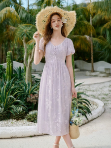 XIANGYING | French Style Puffed Sleeve V-Neck Waist Shaping Long Dress