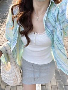 Áo Sơ Mi Chống Nắng Kẻ Caro Phong Cách Hàn Quốc Rộng Rãi Cho Nữ Áo Khoác Ngoài Mùa Hè Mỏng Áo Sơ Mi Cotton Dài Tay Cổ Polo