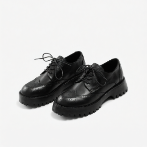 MIOLLIBARN | Black Vintage Brogue Round Toe Thick Sole Leather Shoes