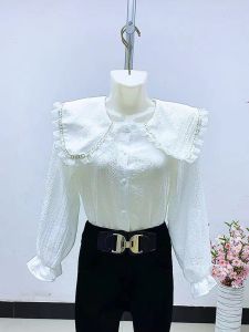 Ruffle Splice Doll Collar Long Sleeve White Shirt Base Layer Top for Small Women Korean Style Commute Polyester Fiber