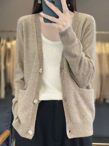 เสื้อคาร์ดิแกนถักคอวีสำหรับผู้หญิง เสื้อคลุมกันหนาวแบบสวมหัว ทรงหลวม แขนยาว สีพื้น ฤดูใบไม้ผลิและฤดูใบไม้ร่วง