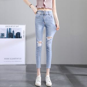 ผู้หญิง สูง เอว กางเกงยีนส์สกินนี่​ ฤดูร้อน รูปแบบใหม่ ยืดได้ เจาะรูข้อเท้ายาว พรางหุ่น ไม่สม่ําเสมอ ผ้าฝ้าย ยืด เดนิม