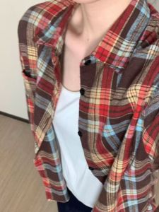 Áo Sơ Mi Kẻ Caro Cổ Polo Dài Tay Dáng Rộng Phong Cách Mỹ Cổ Điển Cho Nữ Xuân Hè 2025 Mới Về Thường Ngày Áo Khoác Ngoài Cho Cặp Đôi