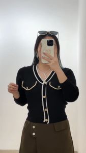 6159 Larina Button V-Neck Long Sleeves Knit Top Blouse Wanita Korean Style