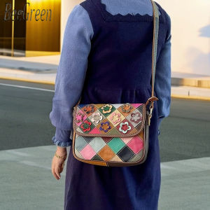 BeeGreen Women Real Leather Shoulder Bag - Colorful Flower Patchwork Sling Bag Casual Travel Phone Bag