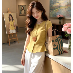 Shalldoer | Sweet Casual Youthful Womens Set Yellow Shirt White Trousers