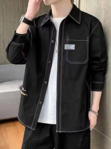 เสื้อเชิ้ตชุดทำงานสำหรับวัยรุ่นฤดูใบไม้ผลิและฤดูใบไม้ร่วงเสื้อเชิ้ตแขนยาวสุดหล่อแฟชั่นสไตล์เกาหลีสำหรับผู้ชายเสื้อแจ็คเก็ตลำลองทรงหลวมแบรนด์ยอดนิยมสไตล์ INS