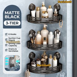 Suction Cup Bathroom Corner Organizer Rack Black Plastic Triangular Baskets Wall-Mounted Shower Home Storage Shelf No Drill