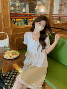 Mashixi French Tie Short Sleeve Shirt plus Size Loose Slimming Summer Top for Slightly Plump Women Shaped Body