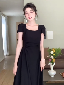 korean black plain long corset dress puff sleeve cocktail for woman formal casual elegant plus size