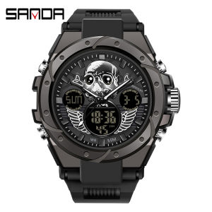 SANDA 6087 Fashion Sports Mens LED Quartz Digital Multifunction Watches 5ATM Waterproof Silicone Casual Electronic Wrist Watch