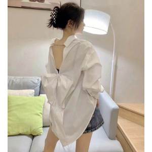 French Style Loose Womens Shirt Backless Butterfly Knot White Spring New Fashion High Sensation Long Sleeve Stand Collar Top