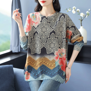 Plus Size Ladies plus Size Print Woolen Sweater round Neck Sweater Womens Autumn and Winter Loose 100.00kg Flab Hiding Knitting Base