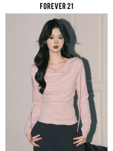 Forever21 Pink Long Sleeve T-Shirt Womens Casual V-Neck Design Sense Inner Wear Belted Base Layer Top Butterfly Knot Commute