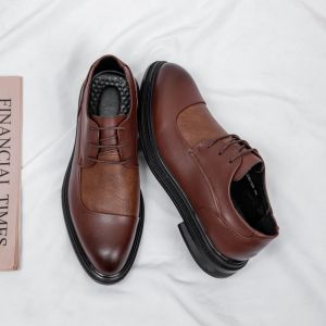 Mens Leather Shoes K-style Trendy British Style Easiest for Match Shoelace Business Formal Wear Breathable Casual Hidden Heel Wedding Grooms Shoes
