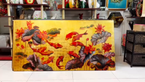 Tranh sơn mài - QUẦN NGƯ HỘI TỤ - Nền dát vàng / Size 80x160 cm