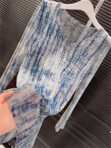 Fashionable Slimming Dyed Flocking V-Neck Side Slit Mid-Length T-Shirt Womens Spring Autumn New Style European Style Top